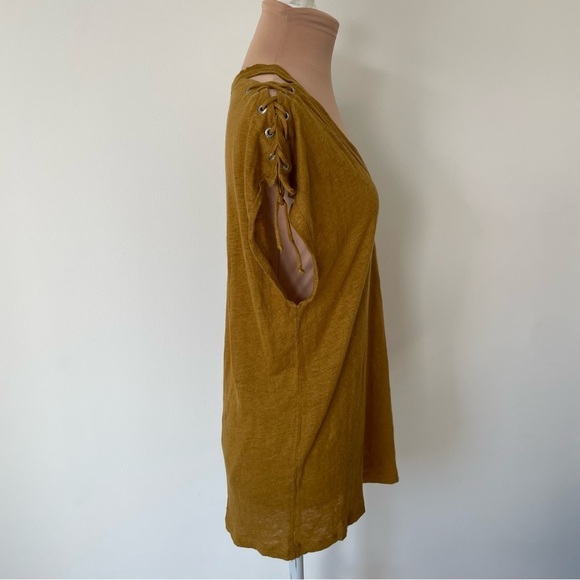 IRO Tobacco Brown Yellow Linen Grommet Lace Up Shoulder Ibex Top EUC Size Small - Picture 6 of 10